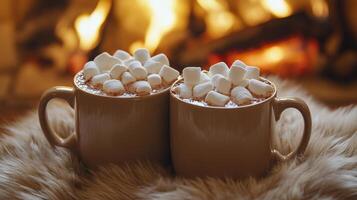 Warm mugs of hot chocolate with marshmallows by the crackling fireplace on a cozy evening photo