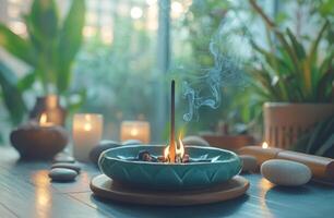 A calming incense burner with smoke rising in a serene indoor garden setup during the afternoon photo