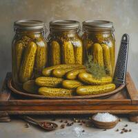 A rustic kitchen display of freshly pickled cucumbers and ingredients on a wooden table photo