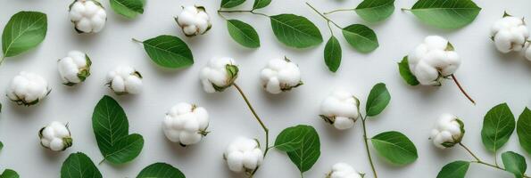 Cotton bolls and green leaves arranged aesthetically on a light background for floral decoration photo