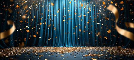 Golden confetti falls against a blue curtain backdrop during a vibrant celebration event photo