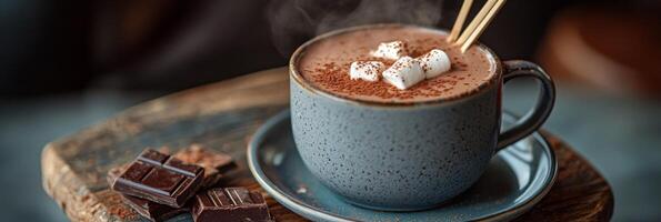 Warm cup of hot chocolate with marshmallows and chocolate pieces on a rustic wooden table photo
