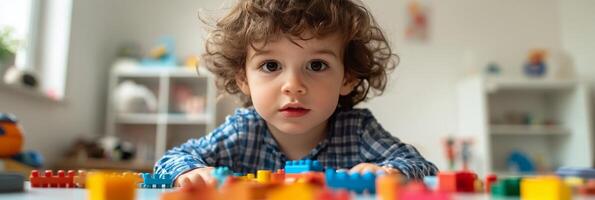 A young child plays with colorful toy train blocks in a bright indoor playroom photo