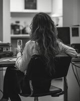 Woman enjoying a glass of sparkling water while sitting at a desk in a cozy home office photo