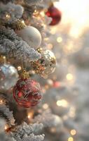 Close up of Christmas ornaments hanging on a frosted tree with warm lights in the background photo