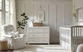 Cozy and elegant nursery featuring a crib, dresser, and comfortable armchair in soft colors photo