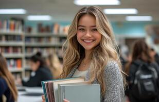 Young woman smiles warmly while holding books in a busy library during study hours photo