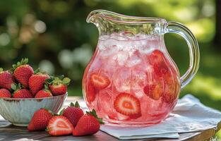 Refreshing strawberry beverage served in a glass pitcher surrounded by fresh strawberries outdoors photo