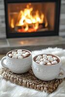 Cozy winter afternoon by the fireplace with hot chocolate and marshmallows photo