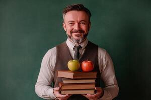 A smiling teacher holds books and apples in a classroom, showcasing a warm learning environment photo