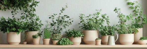 A variety of potted plants on a wooden shelf against a light wall in a cozy indoor setting photo