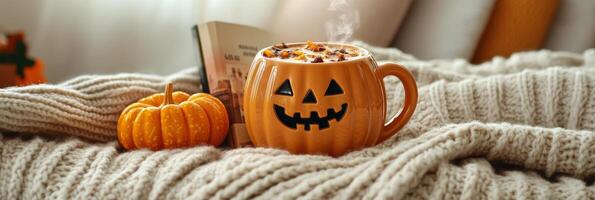 Cozy autumn setting featuring a pumpkin shaped mug filled with hot beverage and decorative pumpkins photo