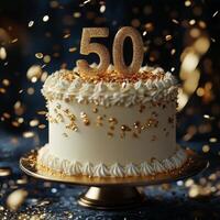 50th birthday cake adorned with golden decorations and sparkling confetti at a celebratory event photo