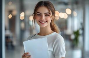 Young woman smiles while holding documents in a bright office during the afternoon photo