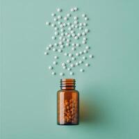 Brown glass bottle filled with tablets surrounded by scattered white pills on a green background photo