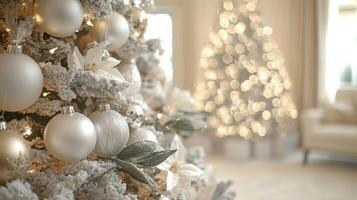 Elegant silver and white Christmas tree decorated with ornaments and flowers in a cozy setting photo