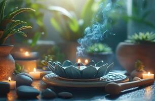 A calming incense burner with smoke rising in a serene indoor garden setup during the afternoon photo