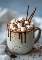 Warm hot chocolate with marshmallows and chocolate sticks in a cozy winter setting photo