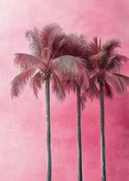 Three tall palm trees against a vibrant pink sky during sunset in a tropical location photo