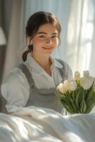 Young woman smiling in bed surrounded by soft blankets and tulips in a sunlit bedroom photo
