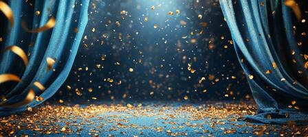 Golden confetti falls against a blue curtain backdrop during a vibrant celebration event photo