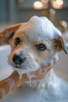 Cute small dog enjoying a bath with soap bubbles in a cozy bathroom environment photo