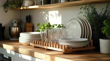 Organized kitchen countertop displaying stacks of clean dishes and glassware in a sunny setting photo