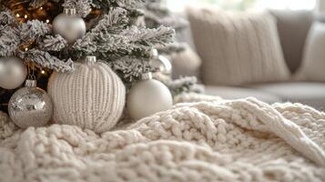 Cozy winter holiday scene with a decorated Christmas tree and soft blankets indoors photo