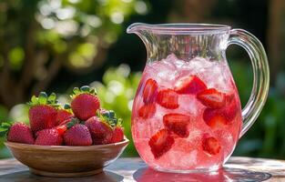 Refreshing strawberry beverage served in a glass pitcher surrounded by fresh strawberries outdoors photo