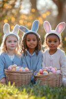 Children celebrate spring with colorful baskets and bunny ears during an outdoor egg hunt photo
