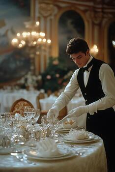 Elegant waiter serving a fine dining meal in an opulent restaurant setting during evening hours photo
