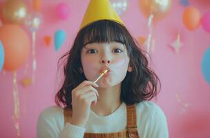 Girl wearing a party hat enjoys a celebration with balloons on a joyful day photo