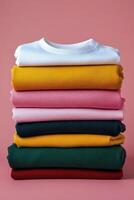 Colorful stack of folded fabrics showcasing floral patterns on a pastel pink background photo