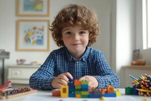 Young child enjoys playful creativity while building with colorful blocks indoors at home photo