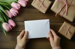 A person holds a blank card near pink tulips and gifts on a wooden table photo