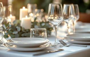 Elegant table setting for a wedding reception with candles and greenery in soft lighting photo