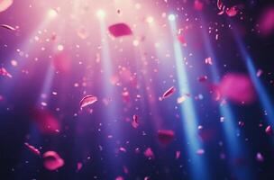 Colorful confetti shower under vibrant stage lights during a lively celebration photo