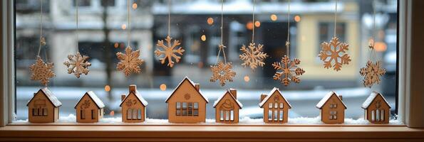 Winter decorations featuring wooden houses and snowflakes hanging in a cozy indoor setting photo