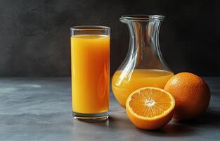 Freshly squeezed orange juice served in a glass alongside whole oranges and a pitcher photo