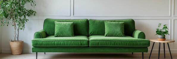 Stylish green sofa with pillows and indoor plants in a modern living room setting photo