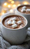 Warm hot chocolate topped with marshmallows beside cozy lights in a winter setting photo