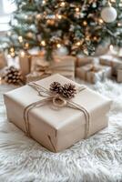 A wrapped gift with pine cones rests on a fluffy rug by a decorated Christmas tree photo