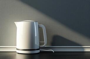Modern white kettle on a kitchen counter against a textured gray background photo