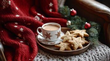 Cozy winter setting with a warm drink, holiday cookies, and festive decorations by the fireplace photo
