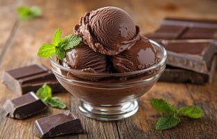 Indulgent chocolate ice cream served in a glass bowl with fresh mint leaves and chocolate chunks photo