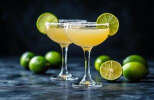 Delicious margaritas with lime wedges served on a dark stone countertop in a cozy setting photo