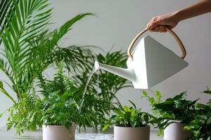 Watering indoor plants with a stylish watering can in a bright, green setting photo