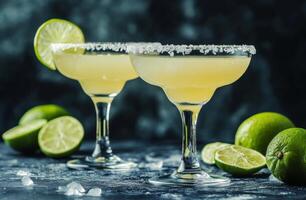 Delicious margaritas with lime wedges served on a dark stone countertop in a cozy setting photo