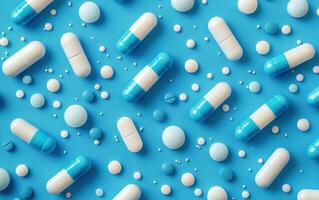 Colorful capsules and tablets scattered on a light blue surface in a clinical setting photo