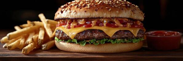 Delicious cheeseburger with vibrant toppings served alongside crispy fries on a wooden platter photo
